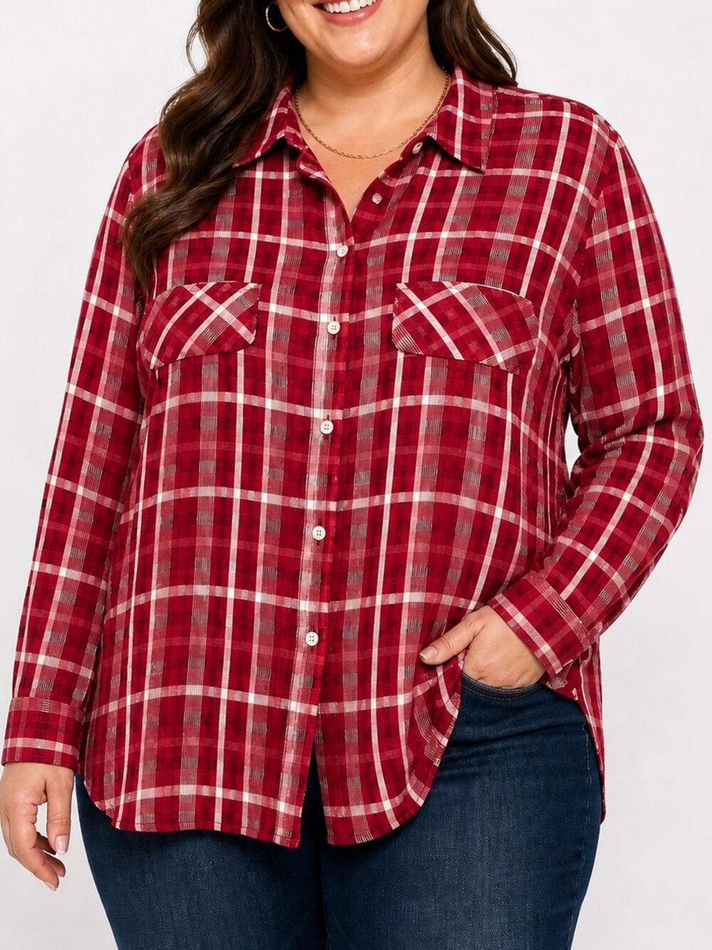 Chico’s Red Plaid Button Front Shirt Lightweight  Sleeve Size 4 Semi Sheer